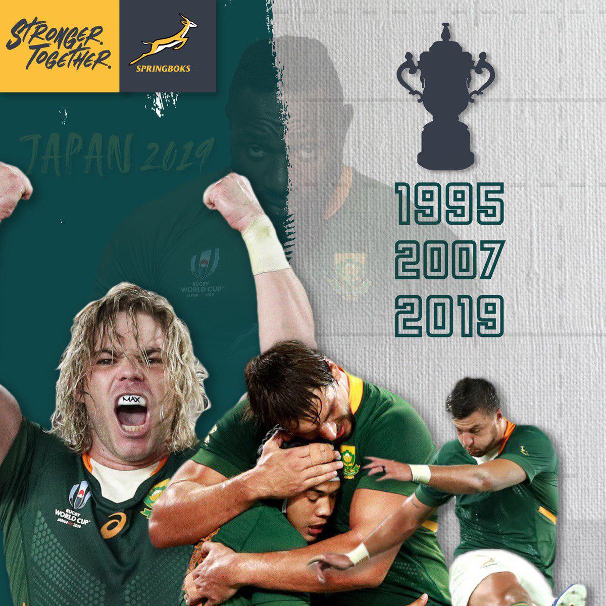 🏆 1995
🏆 2007
🏆 2019

#StrongerTogether #RWC2019 #ENGvRSA #RWCFinal #WebbEllisCup #RWCYokohama