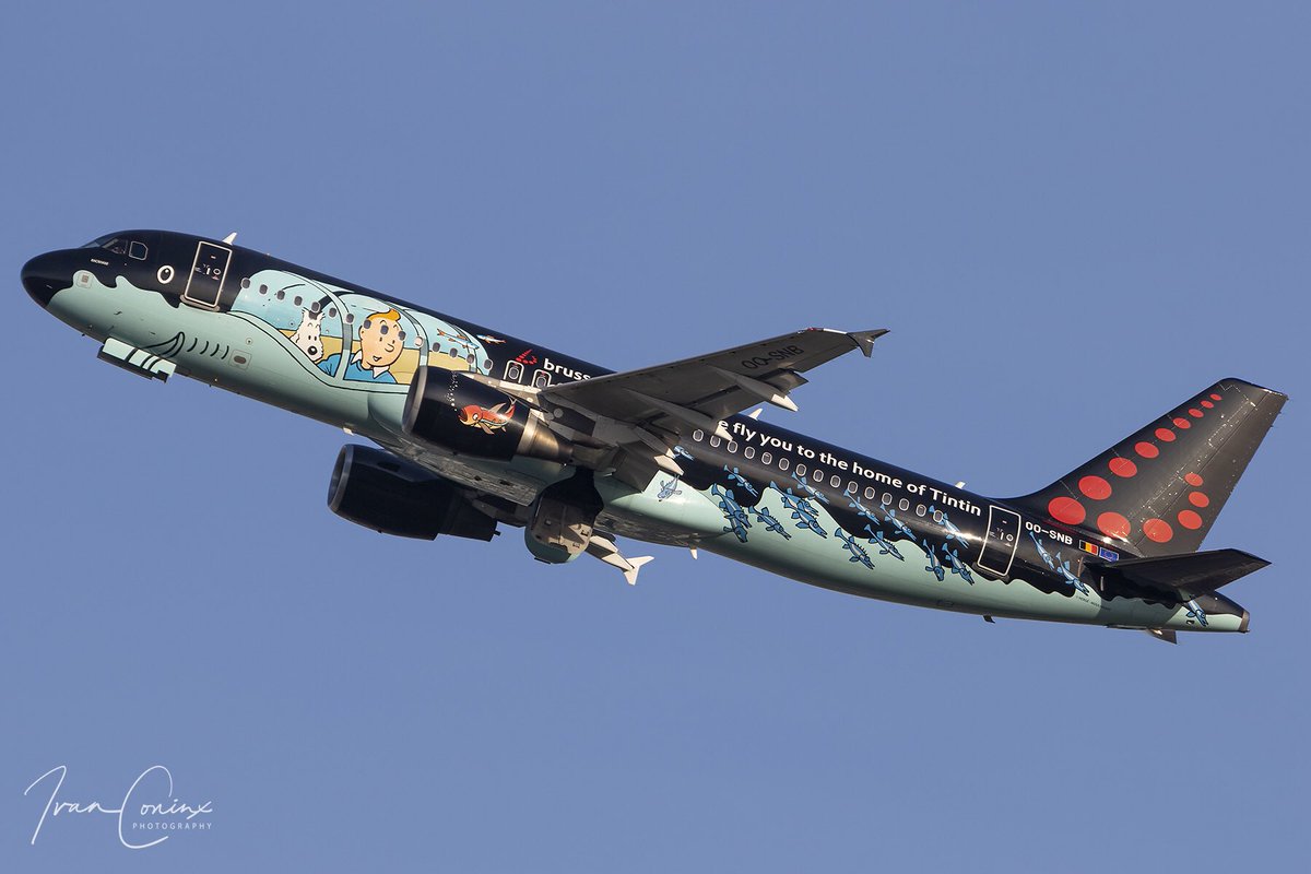 ivanconinx's tweet photo. The one and only @FlyingBrussels Rackham, one of the airline’s six Belgian Icons jets, taking off from @BrusselsAirport on a sunny morning in October 2019, bound for Berling as SN2581 BRU-TXL. Gotta love this @airbus A320 livery 👍🏻🛫🇧🇪 #avgeek #A320 #snrackham https://t.co/Sn0pXpXTrd