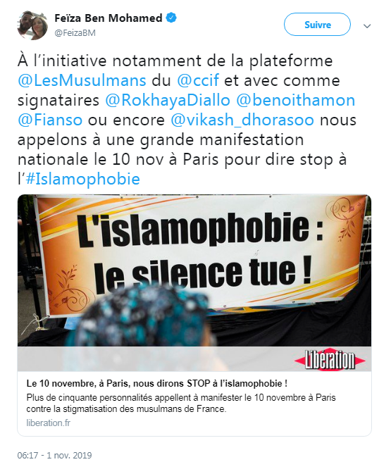 Mucio25448358's tweet photo. A la marche #AntiCharlie du 10 Novembre prochain, il y aura aussi Feiza Ben Mohamed, islamiste pro-erdogan qui diffuse la propagande turque sur Twitter. Elle pourra discuter avec Jean-Luc Mélenchon de la situation des Kurdes en Syrie et du hashtag #ErdoganArmyOutOfRojava . https://t.co/lT5BPPBtEN