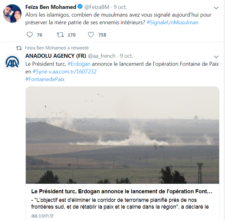 Mucio25448358's tweet photo. A la marche #AntiCharlie du 10 Novembre prochain, il y aura aussi Feiza Ben Mohamed, islamiste pro-erdogan qui diffuse la propagande turque sur Twitter. Elle pourra discuter avec Jean-Luc Mélenchon de la situation des Kurdes en Syrie et du hashtag #ErdoganArmyOutOfRojava . https://t.co/lT5BPPBtEN