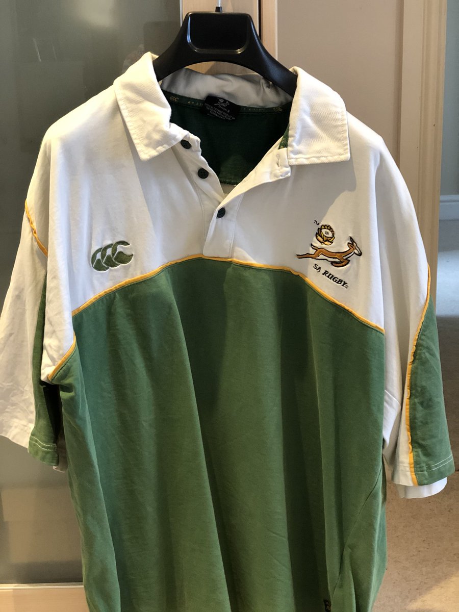 My late husband’s shirt, pretty worn out because he wore it so much.  It was too precious to give away, my sons will wear with pride when they are BIG enough.  Congratulations to #SouthAfricaRugby