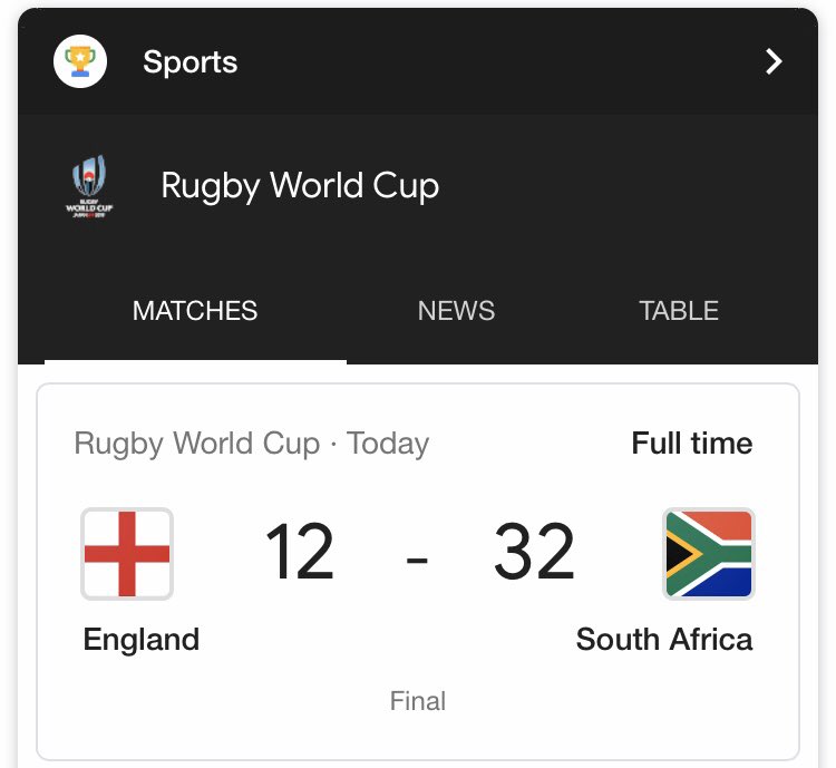 Sth_Shore_Fire's tweet photo. We have some very disappointed people here @Sth_Shore_Fire and one very happy Welsh colleagues...go figure!
Well done to South Africa 🇿🇦
@Springboks #RWC2019 🏆
#SupportingOurNation
#BackToWork https://t.co/usc8tVn5lV