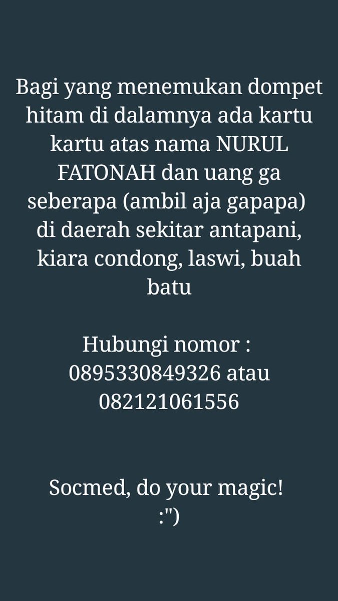 Twitter, please do your magic

Edisi bantu temen yg kehilangan dompet, info lbh lanjut bsa hu yg ada di gambar berikut, htr nuhun 🙏

<a href="/PRFMnews/">Radio PRFM</a> <a href="/beungeutcloth/">PURGATORY 🌏</a> <a href="/LambeyNyengir/">Ujang S</a> <a href="/SeledingTekel/">SLDTKL ⭐️⭐️⭐️⭐️</a> <a href="/wearepersibfans/">𝒊𝒈: 𝒘𝒆𝒂𝒓𝒆𝒑𝒆𝒓𝒔𝒊𝒃𝒇𝒂𝒏𝒔</a>