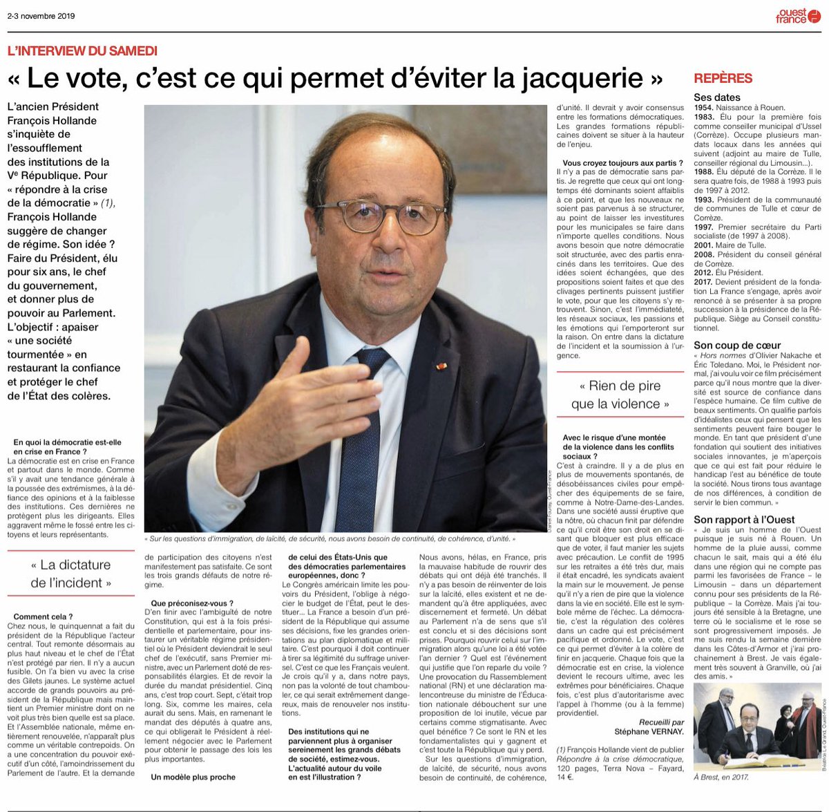fhollande's tweet photo. « Nous avons pris la mauvaise habitude de rouvrir régulièrement des débats qui ont déjà été tranchés. Il n’y a pas besoin de réinventer de lois sur la laïcité, elles existent et ne demandent qu’à être appliquées, avec discernement et fermeté ». Mon interview dans @OuestFrance https://t.co/moBGwTFJoS