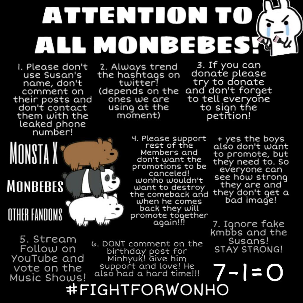 haneul1105's tweet photo. MONBEBES FIGHTING!
SHOW THIS TO EVERYONE!
#몬베베_원호_응원해 
#WONHOCOMEBACK 
#Wonho 
#WonhoWeLoveYou 
#FightForWonho 
#MonstaX
@OfficialMonstaX 
@STARSHIPent https://t.co/gjkAUtAThZ