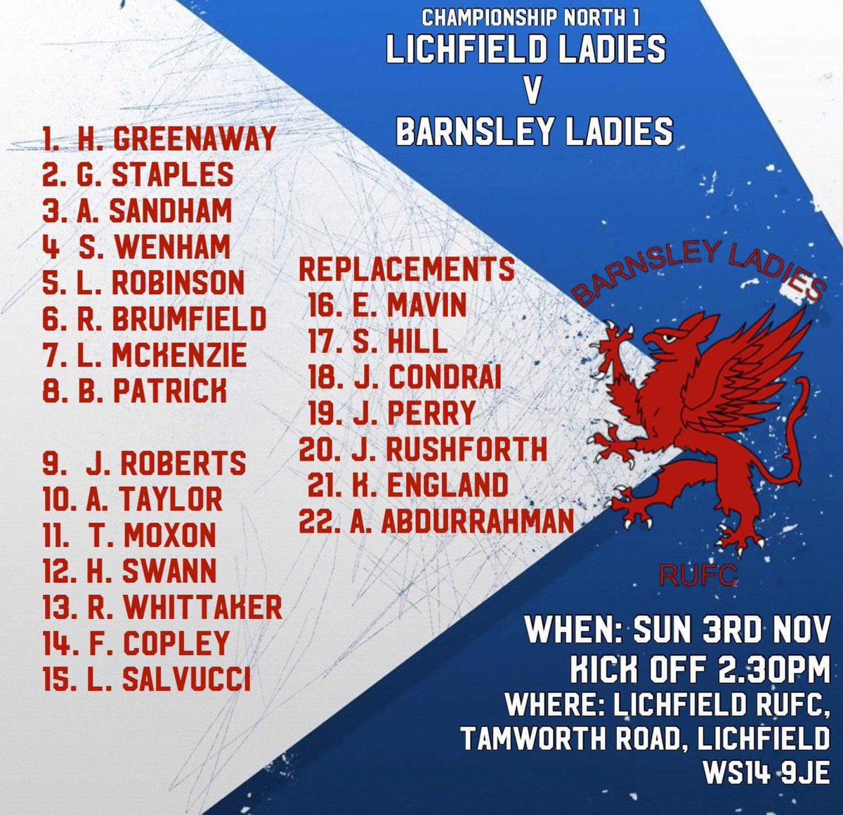 TEAM ANNOUNCEMENT!! Tomorrow we travel to <a href="/LichLadiesRugby/">Lichfield Ladies RFC</a> in Championship North 1 action #WearTheGriff #BackTheBadge