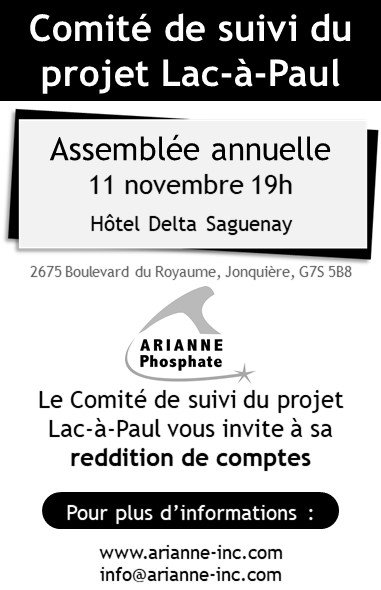 Arianne_Phos's tweet photo. Assemblée annuelle du Comité de suivi du projet Lac-à-Paul
11 novembre 19h, Hôtel Delta Saguenay (2675 Boulevard du Royaume, Jonquière, G7S 5B8)
Le Comité de suivi du projet Lac-à-Paul vous invite à sa reddition de comptes https://t.co/vfs8iOlFAe