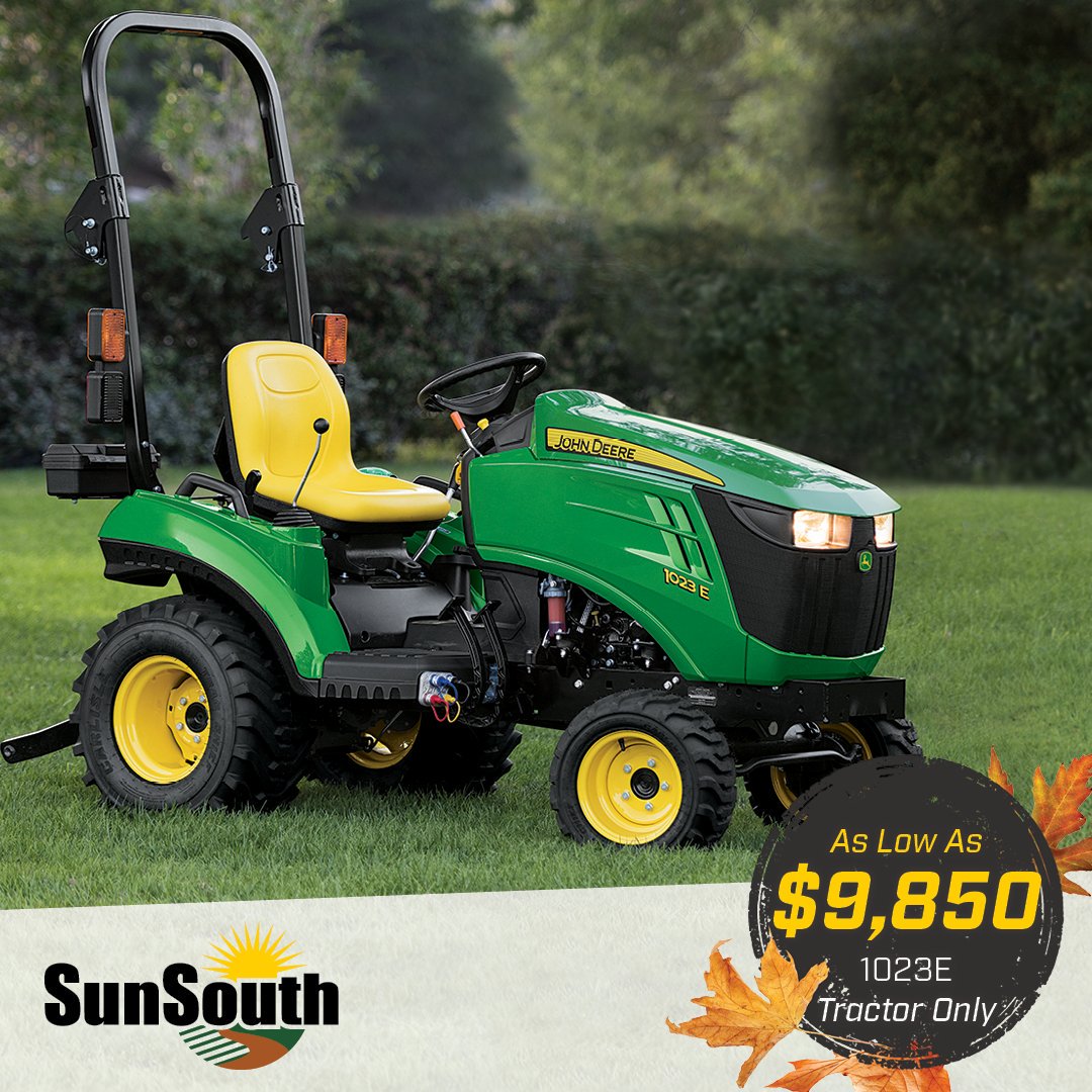 SunSouthJD's tweet photo. Finish your yard in a snap with a John Deere 1023E Sub-Compact Utility Tractor! It's easy to operate, and for a limited time, you can grab one starting at $9,850. Demo yours at SunSouth and get started today. #ThinkSunSouth #ForThoseThatDo #JohnDeere https://t.co/kAaCCh6dfs