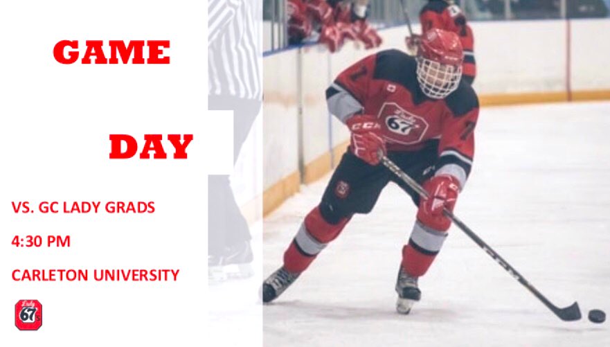 OttLady67sMAA's tweet photo. our favorite day of the week! 😎 
#GAMEDAY 🔴⚪️⚫️👊🏻

coming off a 5-2 WIN against @cornwalltyphoo1 the #67s take on @ladygradsmaa on #homeice 

⏰ 4:30 pm
📍 @Carleton_U 

#BringTheHeat 🔥 https://t.co/3TdCh9Jf65