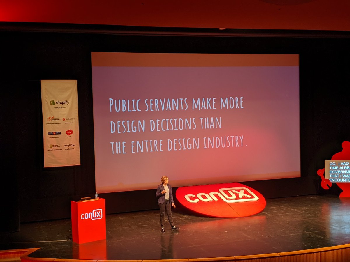 afhill's tweet photo. Public servants make more design decisions than the entire design industry (but don't think of themselves as designers) - @cydharrell at #canux https://t.co/hX7kA34GUq