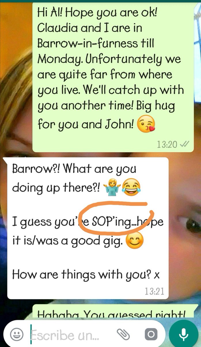 MonicaAlemany's tweet photo. Conversation with my English friend. If I am in the UK, my friends know why. 😊 @TheSOPitches #newwords #SOPing #SOPfan https://t.co/PT47u1blVr