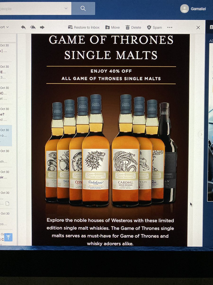 g_john_roca's tweet photo. Did I just scoop up the ultimate #gameofthronesscotch collection? I think I did 🤷🏻‍♂️ #scotchdrinker #singlemaltscotch #gameofthrones #cardhu #dalwhinnie #lagavulin #talisker #clynelish #royallochnagar #singletonwhisky #obanbayreserve https://t.co/ByYYyYJ6Yp