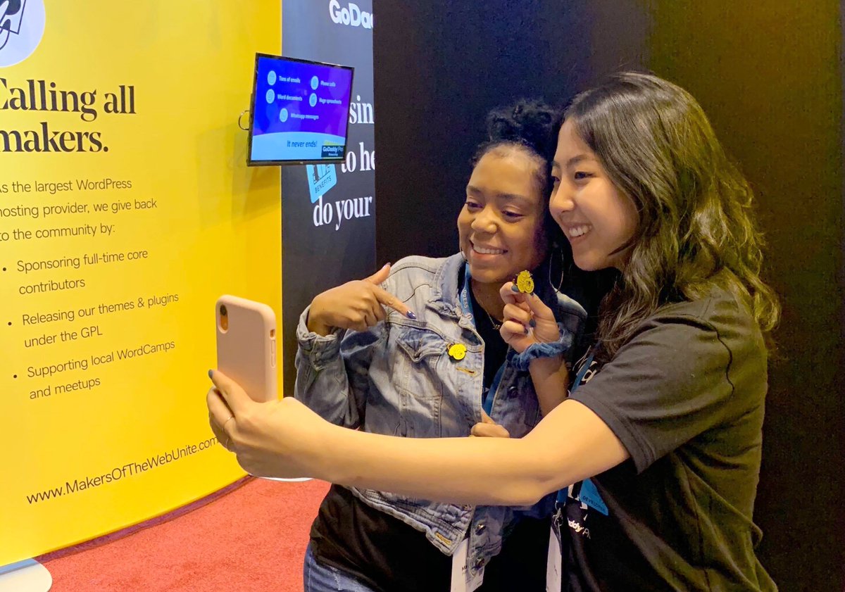 GoDaddy's tweet photo. Don’t forget to enter to win an iPhone 11 Pro, @WordCampUS attendees. Swing by our booth to get your headshot taken or grab a Wapuu pin and snap a pic with someone wearing the same pin. To enter, post your pics to Twitter or Instagram tagging @GoDaddy, #MakersOfTheWeb and #WCUS. https://t.co/FMgpOIDCou