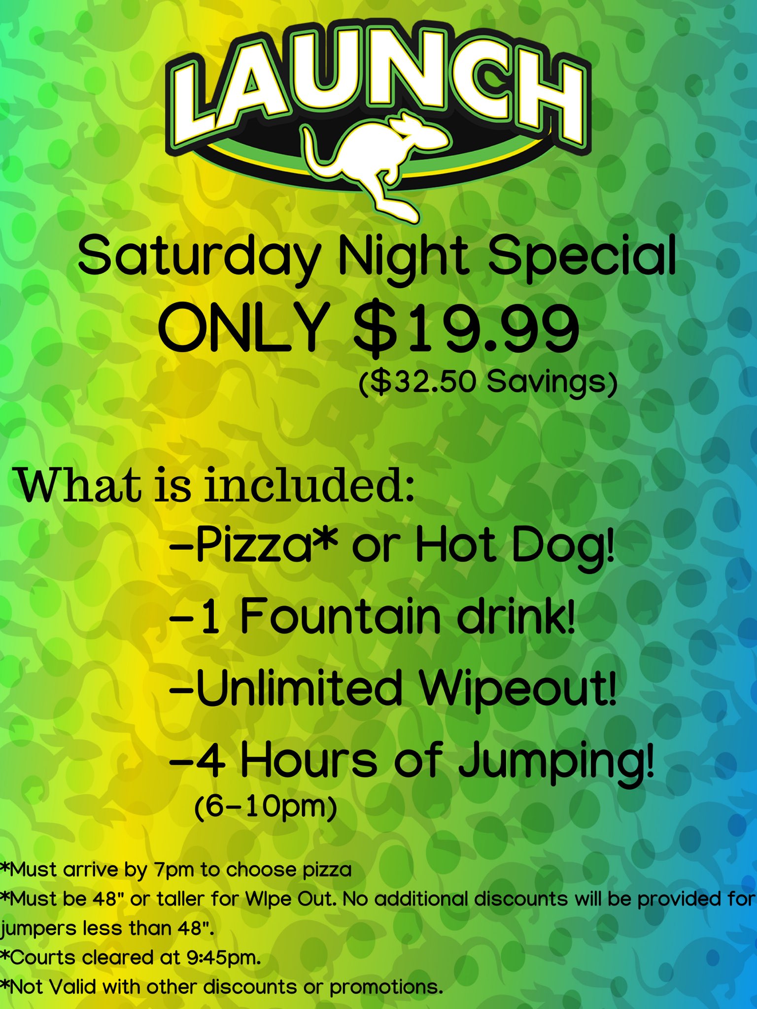 Launch Trampoline Park on X Pizza Drinks 4 hours of jumping and UNLIMITED WIPEOUT What more can you ask for Come in tonight from 6 10pm for ONLY 19.99 https t LXEfT4HGsj X