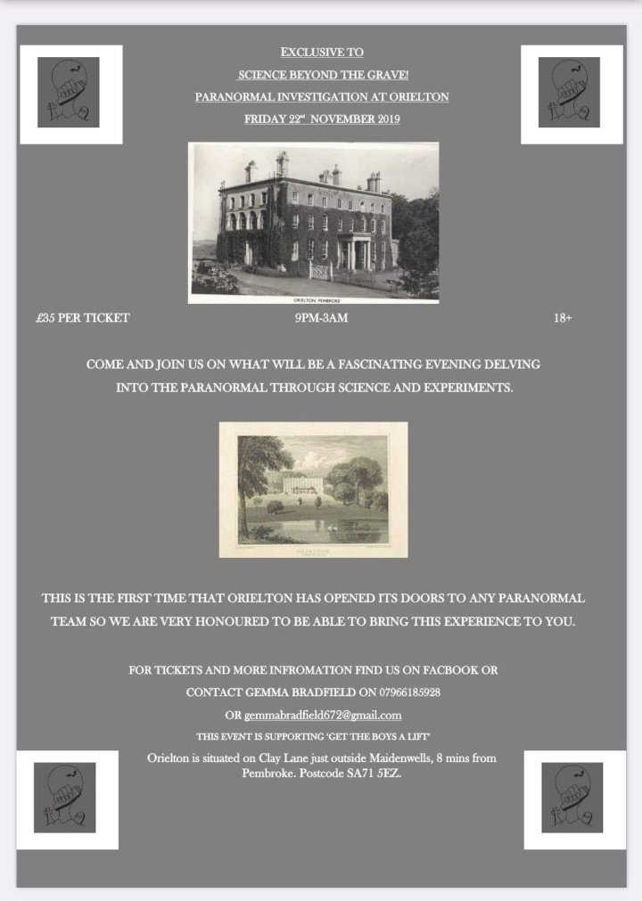 It’s competition time!!! 
Win two tickets to our next investigation to Orielton 👻
All u have to do is like our page, retweet&amp; someone you'd bring along..
Winner will be announced next Saturday 😁Good luck 👻
#SBTG 
#ghosthuntingpembrokeshire#paranormalinvestigation #ghosthunting