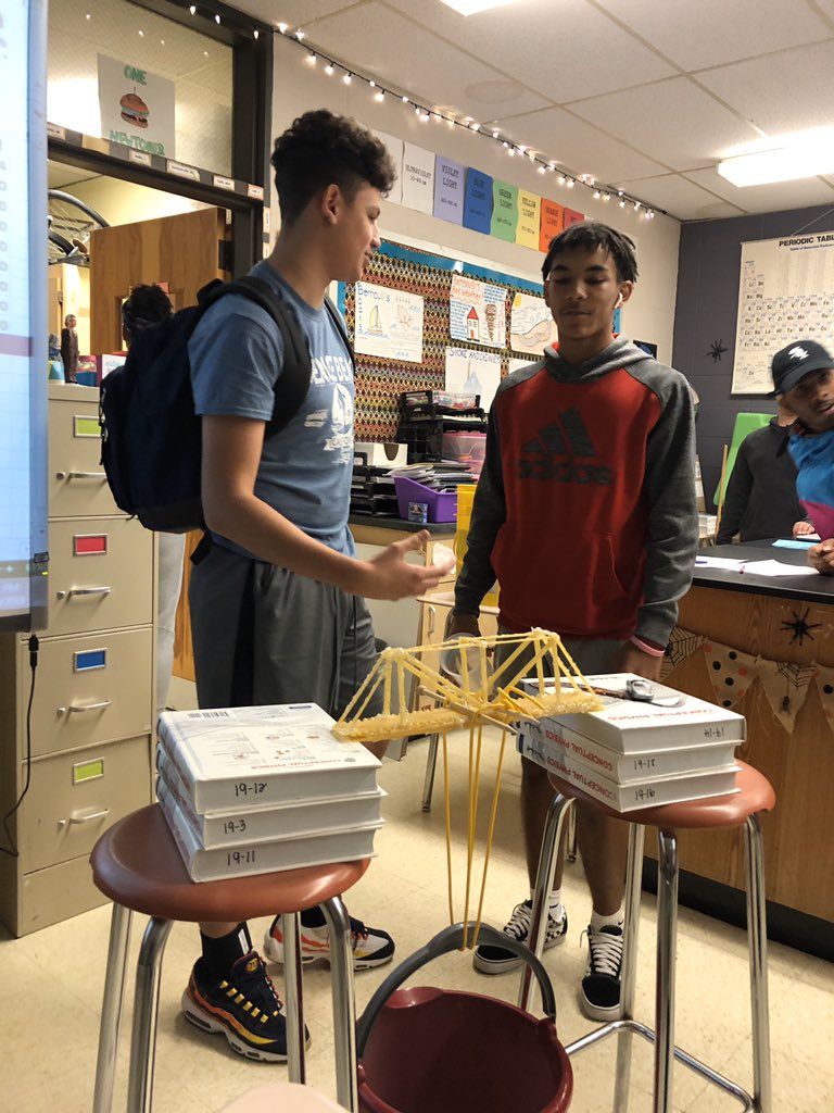 We ended our unit on mechanical equilibrium with a spaghetti bridge competition and Brandon and Angel took home the win! Their bridge held 21 times its own weight! Not bad for a box of spaghetti and little hot glue. So proud of all of my Project Physics students! 🙌🏼 #physicsisfun