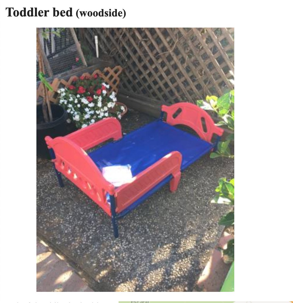 Toddler bed in woodside (literally in their backyard next to a fence)