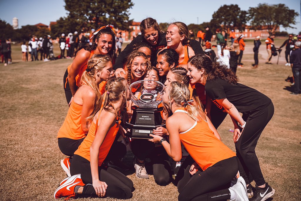 run4okstate's tweet photo. Bringing this baby back to Stillwater. 🏆😎

The Cowgirls edged out Texas by two points to capture the second women’s #Big12XC title in program history!

#okstate | #GoPokes 🤠 https://t.co/XH4rzoO30D