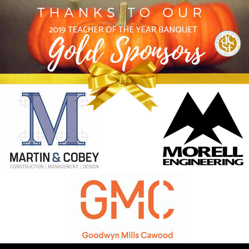 foundation_acs's tweet photo. Thanks to our Gold Sponsors of the #TOY banquet! Your generosity makes a difference in the lives of our @AthensALSchools students and teachers. We are #grateful #oneathens #togetherwemakeadifference @martinandcobey @goodwynmills @melissabmorell https://t.co/oVzz7SlOAV