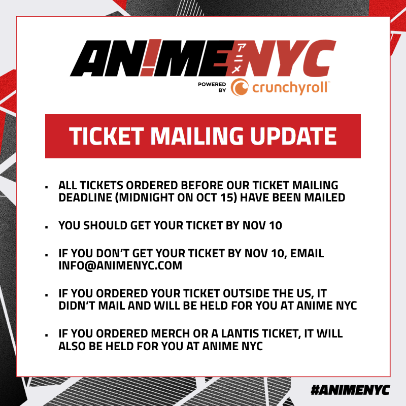 Anime NYC on Twitter  ONE MONTH UNTIL THE ANIMENYC TICKET MAILING  DEADLINE Grab your tickets now to get em mailed right to your door  httpstcoEwEjO6bmBb httpstcoxVl5QCt4IS  Twitter