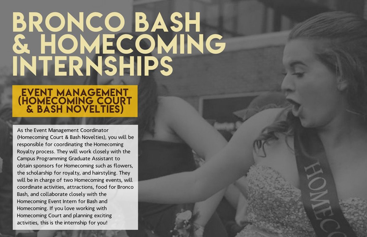 BroncoBash's tweet image. Do you have an interest in event management? Then the Bronco Bash and Homecoming internship is for you! In this position you get to coordinate Homecoming court/royalty events and help coordinate the biggest event on campus, Bronco Bash! Click to apply! buff.ly/2BTNQSU