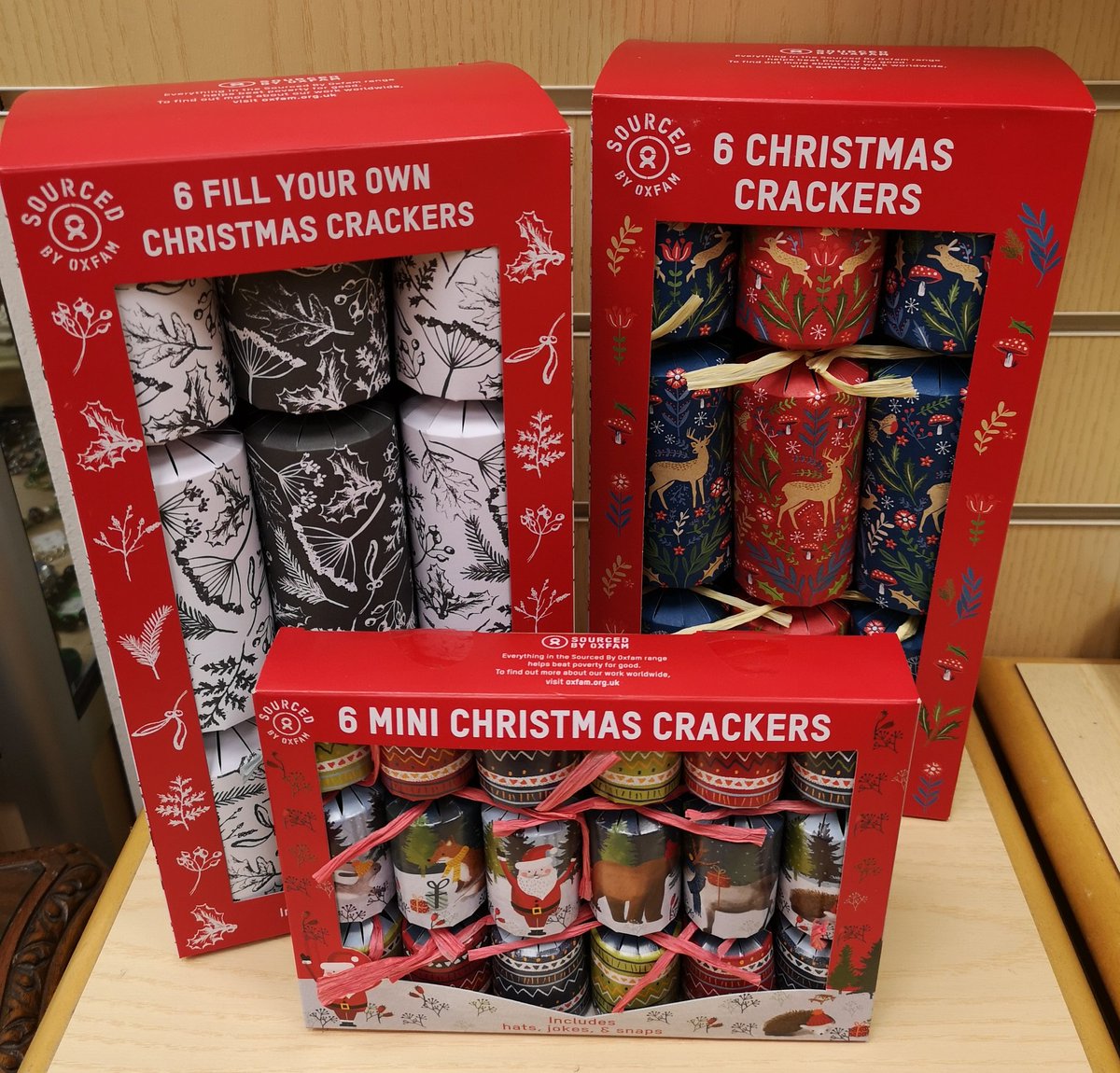 Our crackers are proving popular already - plastic free, with either cardboard decorations or fill your own in the full size versions #FoundInOxfam #PlasticFree