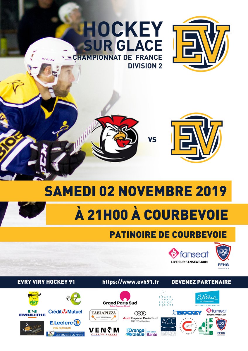Jour J !
🏆 Championnat D2 🏆 
<a href="/CoqsCourbevoie/">Coqs De Courbevoie</a> 🆚 <a href="/HCEvryViry/">Evry Viry Hockey 91</a> 
 🗓️ 02/11
📍 Patinoire <a href="/VilleCourbevoie/">Ville de Courbevoie</a> 
⌚️ 21h00
<a href="/grandparissud/">Grand Paris Sud</a> <a href="/VilledEvryCourc/">Ville d'Évry-Courcouronnes</a> <a href="/france_hockey/">France Hockey</a> <a href="/CoeurEssonne/">Cœur d'Essonne Agglomération</a> <a href="/SportEssonne/">Sport Essonne</a> <a href="/hockeyarchives/">🏒 Hockey Archives 🏒</a> <a href="/orangebleueviry/">ORANGE BLEUE VIRY</a> <a href="/Hockey_FRA/">Équipes de France Hockey 🏒</a> @FanseatHockey <a href="/CDEssonne/">Département de l'Essonne</a> @CD91_presse
