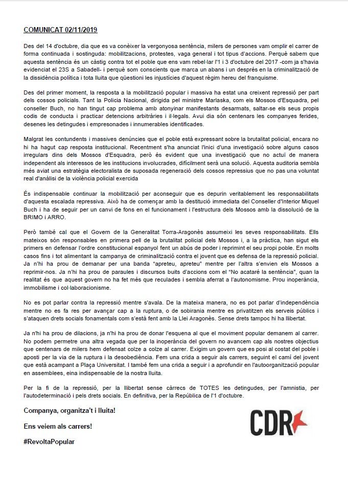 <a href="/govern/">Govern de Catalunya</a> 👉Davant la inacció d'aquest #govern, els #CDRenXarxa exigim l'autodeterminació del poble català
👉L'autodeterminació no és delicte, és el camí cap a la llibertat i uns drets dignes
👉Exigim i diem prou a la repressió que estem patint i pateixen companyes vulnerant drets bàsics