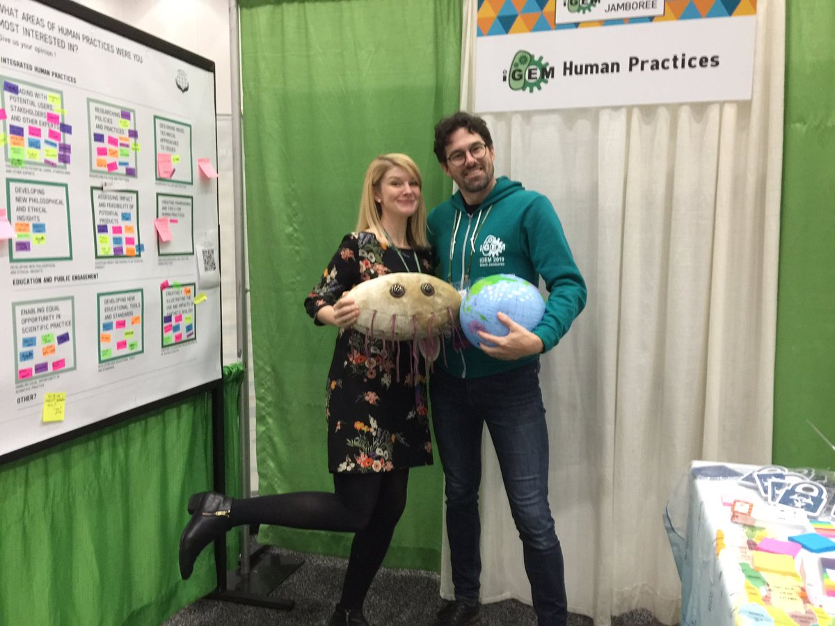 iGEM's tweet image. Come visit the #HumanPractices committee in Hall D and don’t miss their workshops today! #iGEM2019 #GiantJamboree @SAWEvans @meganjpalmer