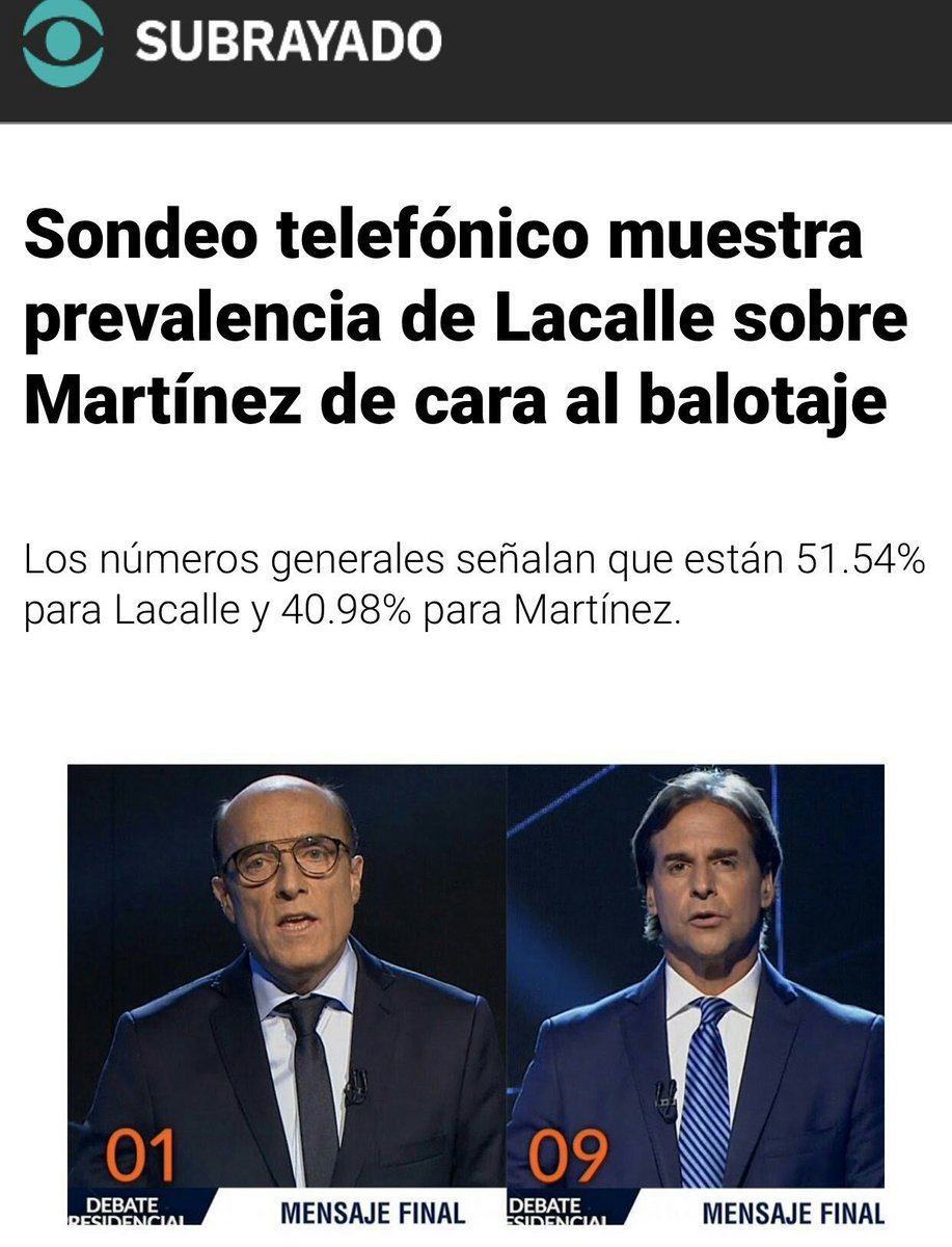 #SeVan

<a href="/LuisLacallePou/">Luis Lacalle Pou</a> - 51.54%
Martinez - 40.98%