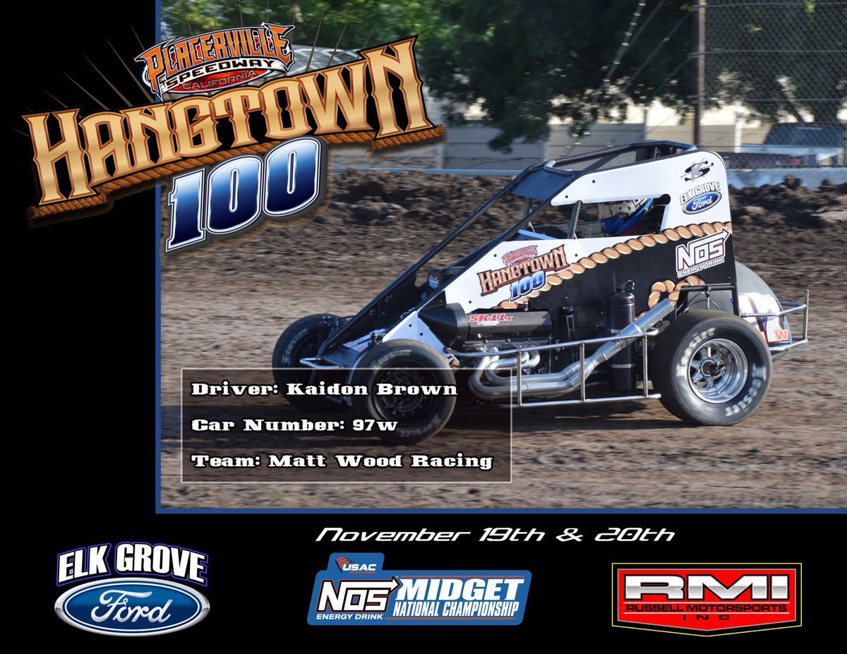 Another driver in the Matt Wood Racing stable at the <a href="/hangtown100/">Hangtown100</a> is Australian pilot, <a href="/BrownKaidon/">Kaidon Brown</a>. Looking forward to seeing Brown cut his first laps at P-Ville November 19th and 20th!
.
.

Advanced tickets still for sale at hangtown100.com
.
.
#hangtown100