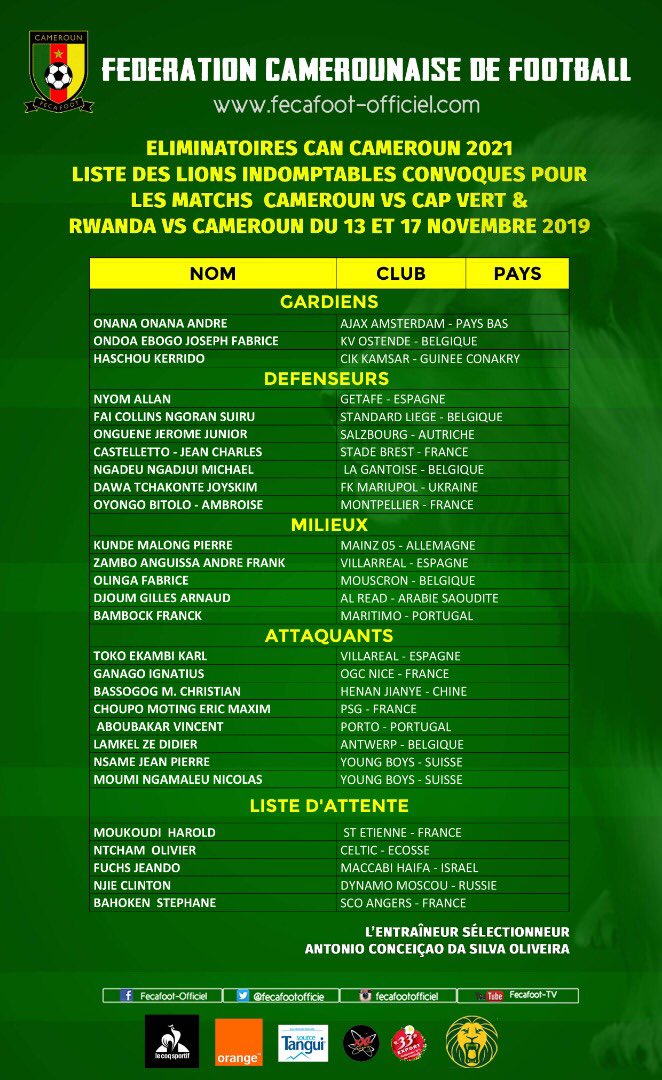 CAN 2021 (Q)  la liste du Cameroun avec Ntcham en attente et le retour