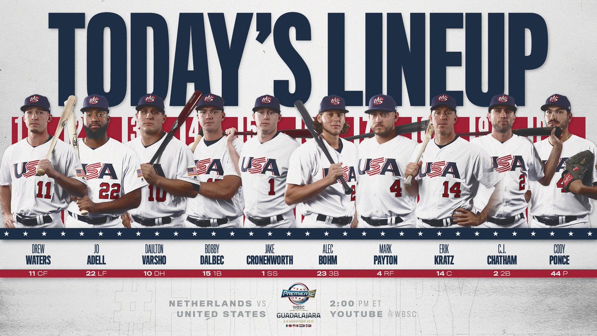USABaseball's tweet photo. #Premier12 Game 1. Let's do this #ForGlory🇺🇸 

📊: https://t.co/Z4MhmS7OSN
🎥: https://t.co/AsZ2pcV1Ok
📝: https://t.co/KBeDcU7rT0 https://t.co/EFhlQdjUOl
