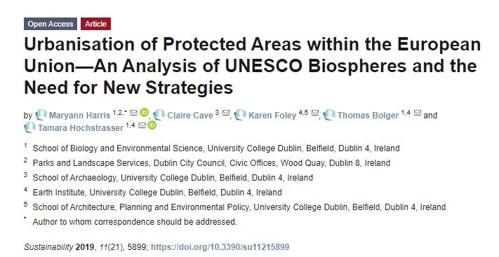 mayoclaire's tweet photo. New article in Sustainability journal #Urbansprawl written by @WrldHeritageUCD @UCDEarth @UCDSBES @ucddublin @UCDEngArch
The study on #urbanization of EU protected areas shows 46% of @UNESCO_MAB Biospheres urbanised #Biodiversity 
Full text at: https://t.co/vODAUBD4dK https://t.co/PqDuNfkTJl