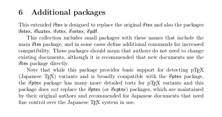 wtsnjp's tweet image. TeX Live の svn リポジトリには LaTeX3 チームによる iftex パッケージ (v1.0a) が降ってきたのだけど，パッケージドキュメントを見たら最後の段落で日本語 TeX 環境のガラパゴス性がめっちゃ強調されてて笑ってしまったw
#TeX #pTeX #アレ