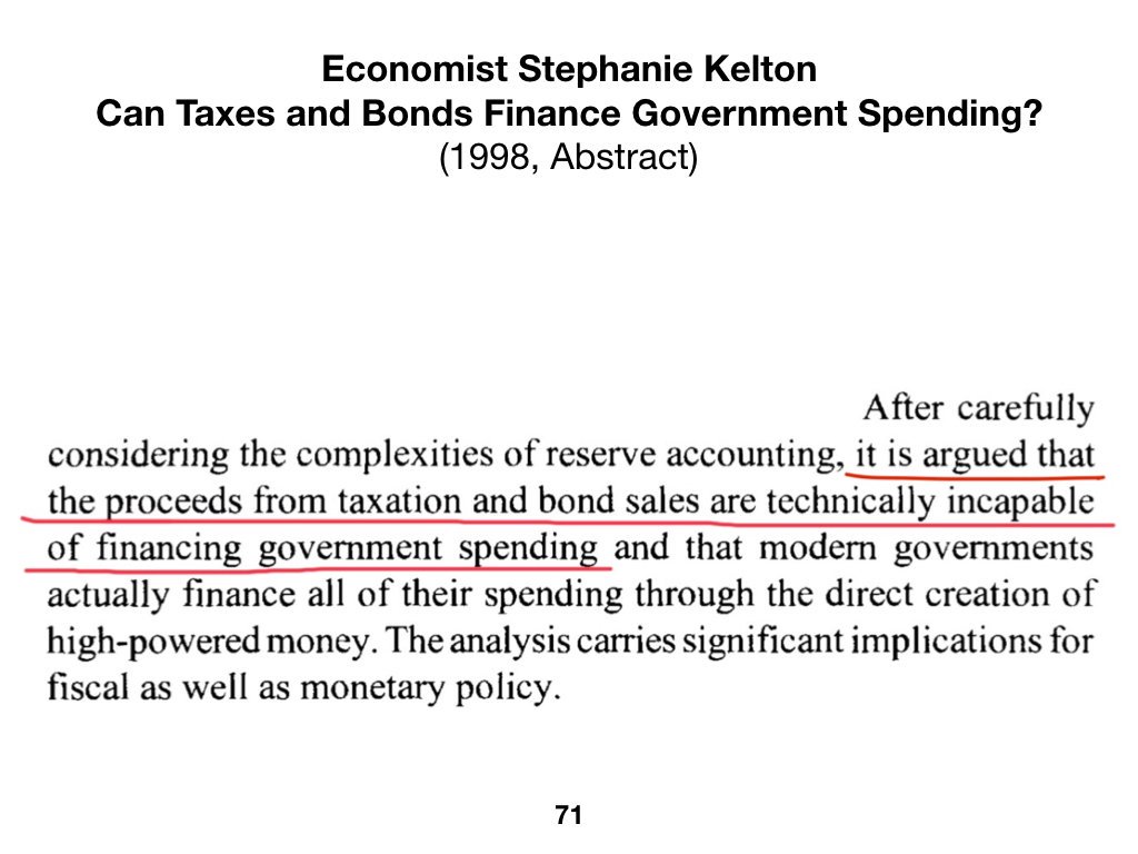 4/ Here's  @StephanieKelton, senior economic advisor for Bernie Sanders' presidential campaigns, from the abstract of her 1998 paper, "Can Taxes & Bonds Finance Government Spending?" ( http://www.levyinstitute.org/pubs/wp244.pdf ):(When she says "technically incapable," she means "impossible.")