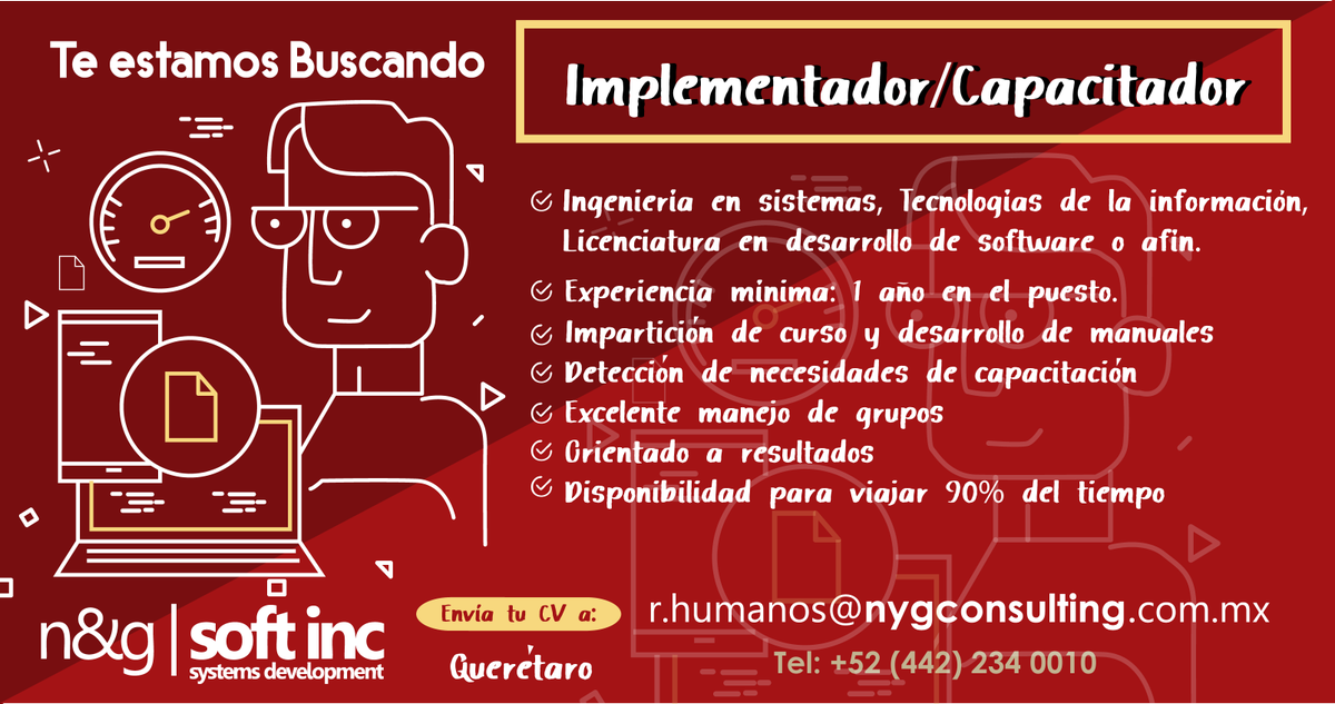 nygsoftinc's tweet photo. N&G Soft INC está en busca de #Implementador #Capacitador si cumples con el perfil y deseas formar parte de nuestro equipo de trabajo, envía tu CV a r.humanos@nygconsulting.com.mx https://t.co/ZOjl6uXIXa