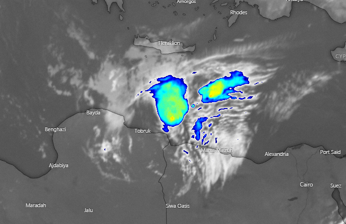 Medicane_Centre's tweet photo. "Medivest" #96M has been given a low 10% chance of development over the next 48 hours. Landfall is expected somewhere in Northern #Egypt overnight with winds of 30 km/h, and wind gusts up to 40 km/h. 96M is currently located 445 km NW of #Alexandria and 195 km NW of #MarsaMatruh. https://t.co/YvdMhBp4wo