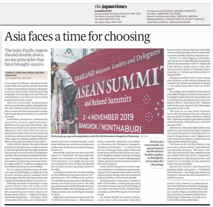 CurtisSChin's tweet image. Here’s how #MyCommentary w/ @josebcollazo looked in the @japantimes in the lead up to the #ASEANSummit. #Digital’s 🖥📱great but nice still to see  #hardcopy 📰! 

#ASEAN2019TH #EASummit #IndoPacificBizForum #AsiaAtACrossroads #MIGlobal 
#ASEANmatters 

japantimes.co.jp/opinion/2019/1…