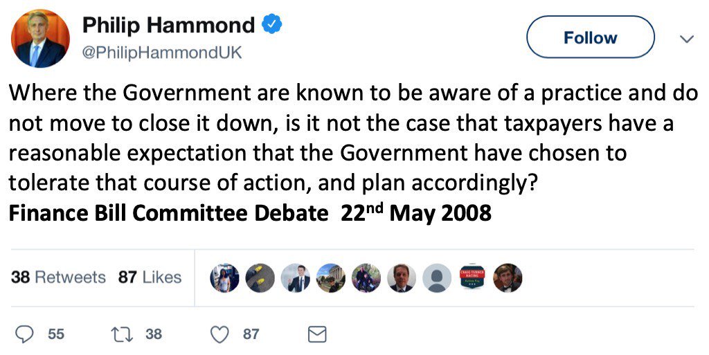 3. Former chancellor  @philiphammond sums up perfectly in a separate statement on tax of what 20yrs of inaction by  @HMRCgovuk signalled to people. Also remember these schemes were never illegal. How his attitude changed to suit his own agenda in respect of  #LoanCharge