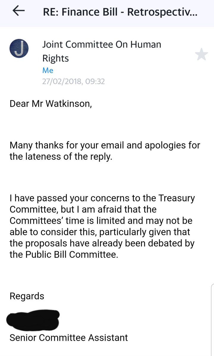 7. I assume reason  @HarrietHarman asked about retro legislation was that it was normal practice to ask or she was aware of  #LoanCharge & had concerns. So why no follow up? I wrote to  @HumanRightsCtte & response was @treasurycommitte were too busy to take further, 7 suicides later