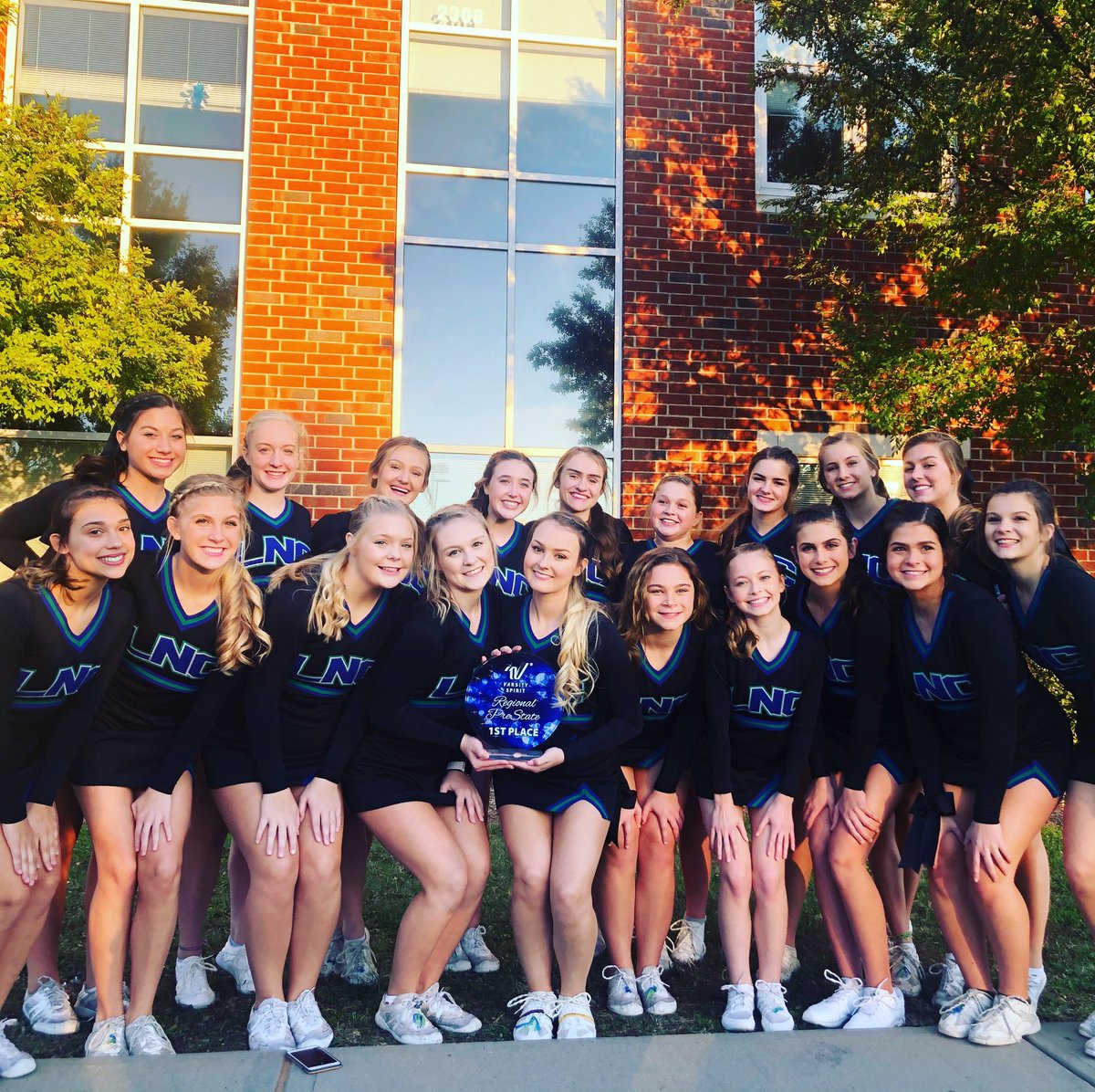 So PROUD of these girls for overcoming and putting on a show! Congrats on a Regional WIN ... next stop, States! #jessiesangels #LNCPride #proudcoach 💙💚