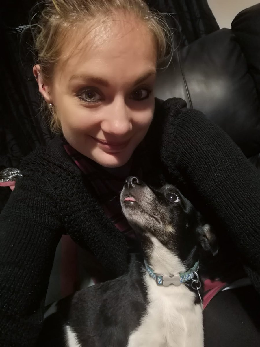 JazzGrumpyDog's tweet photo. My Auntie @ChrissieDux has come to see me! Hopefully she's going to share her pizza with me soon #happydog https://t.co/PYGVLHtzAu
