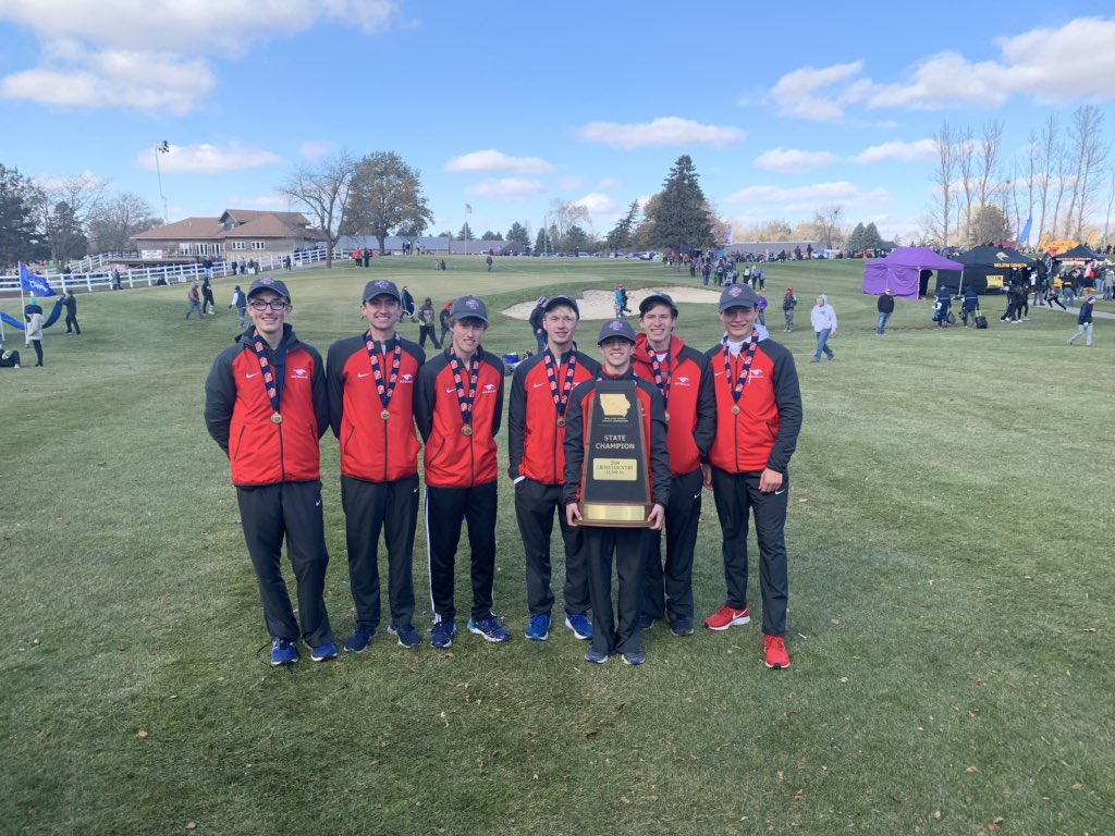 DCGBoysXC's tweet photo. The Mustangs win the State title, capping a seven year run: 7th, 4th, 3rd, 2nd, 7th, 1st! What a season! What a race! Three All-State! A.Ramsey-5, B.Ramsey-8, J.Storey-10, Pries-48, Ewers-68, Hochstetler-87, Assink-94. #Unlocked indeed. https://t.co/Kx7FyTn8vL