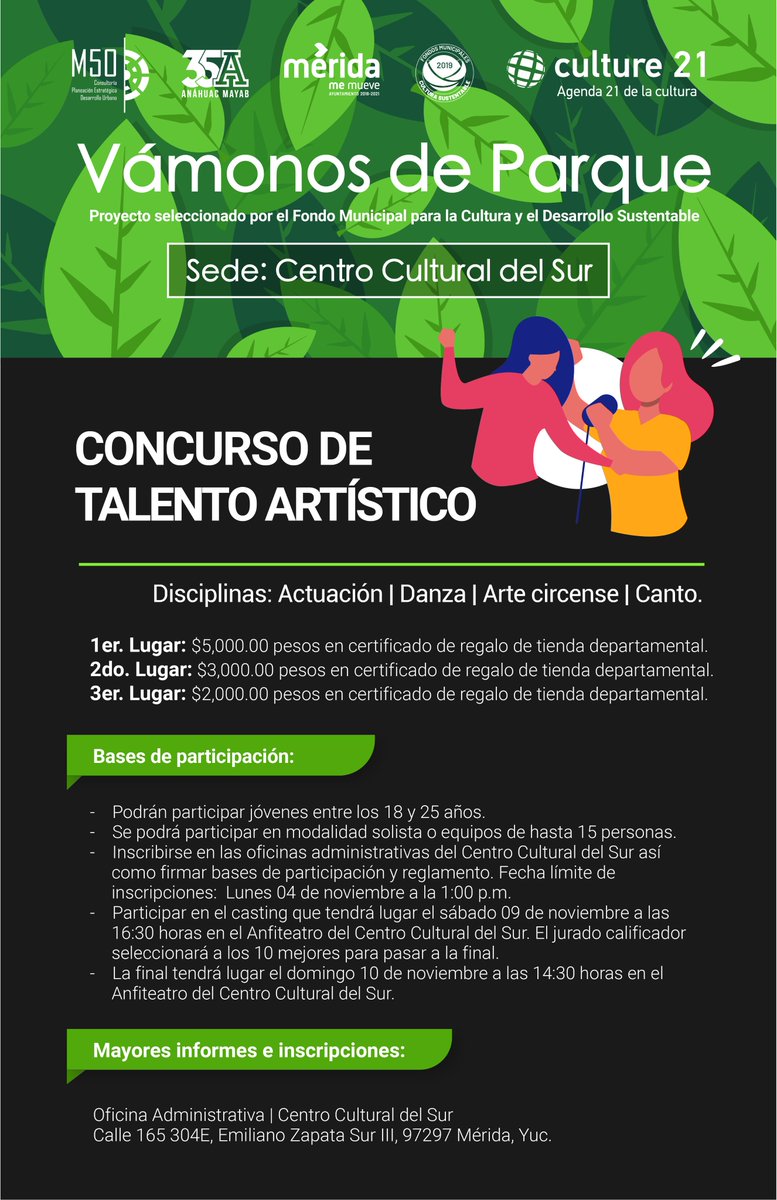 M50mid's tweet photo. 🌳¡𝗩𝗔́𝗠𝗢𝗡𝗢𝗦 𝗗𝗘 𝗣𝗔𝗥𝗤𝗨𝗘!🌳
Últimos días de inscripciones al 𝓒𝓸𝓷𝓬𝓾𝓻𝓼𝓸 𝓭𝓮 𝓣𝓪𝓵𝓮𝓷𝓽𝓸 𝓐𝓻𝓽𝓲́𝓼𝓽𝓲𝓬𝓸 (actuación-danza-arte circense-canto) para los jóvenes en el Centro Cultural del Sur.
#CreandoComunidades #culturayciudadania https://t.co/IdiosgP4Cd