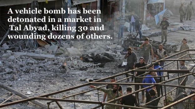 TAL ABYAD:  A vehicle bomb has struck a marketplace in the Turkish occupied city of Tal Abyad.  Intial reports indicate that 30 have been killed and at least 40 wounded. bbc.com/news/world-mid…