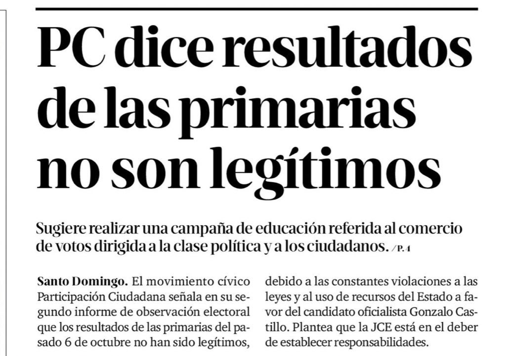 Nuestro programa anoche 👉youtu.be/oxv42t5Sdeg analizando informe Participación Ciudadana,observadora oficial primarias investida por JCE,concluyendo RESULTADOS NO SON LEGÍTIMOS!
CONFIRMA HECHOS fraude denunciados por Dr.<a href="/LeonelFernandez/">Leonel Fernández</a> y masiva violación deConstitución/leyes