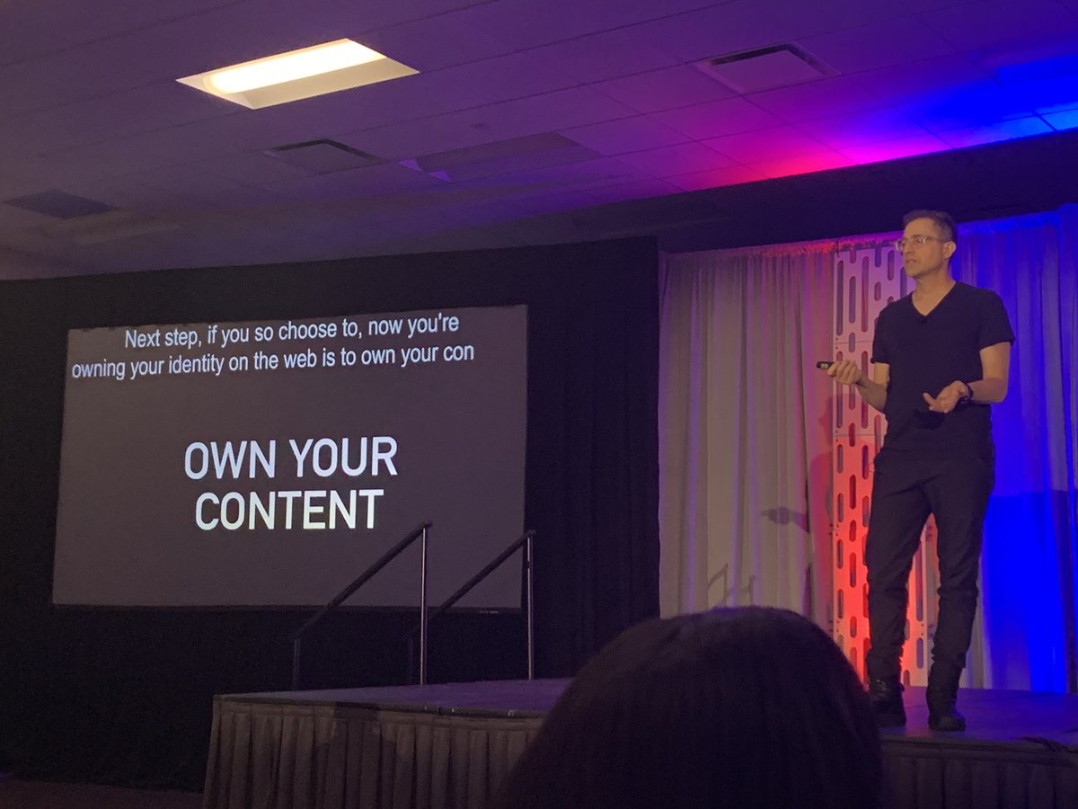 Photo of Tantek speaking on Take Back The Web at WordCamp US