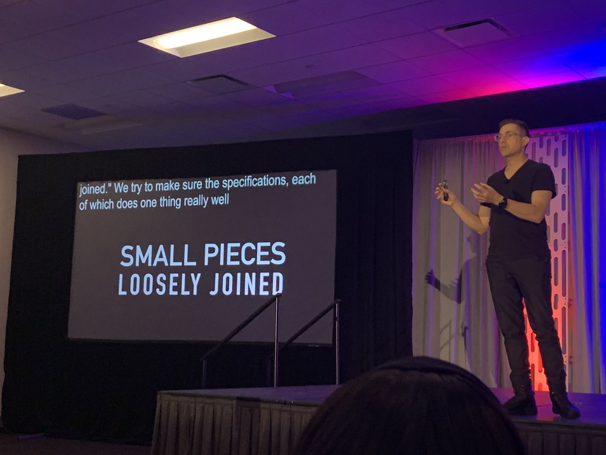 Photo of Tantek speaking on Take Back The Web at WordCamp US