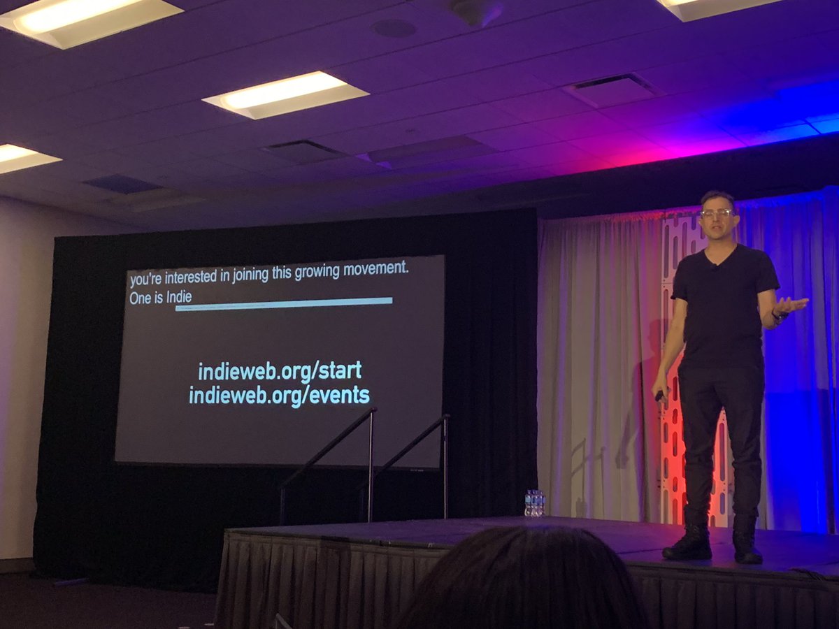 Photo of Tantek speaking on Take Back The Web at WordCamp US